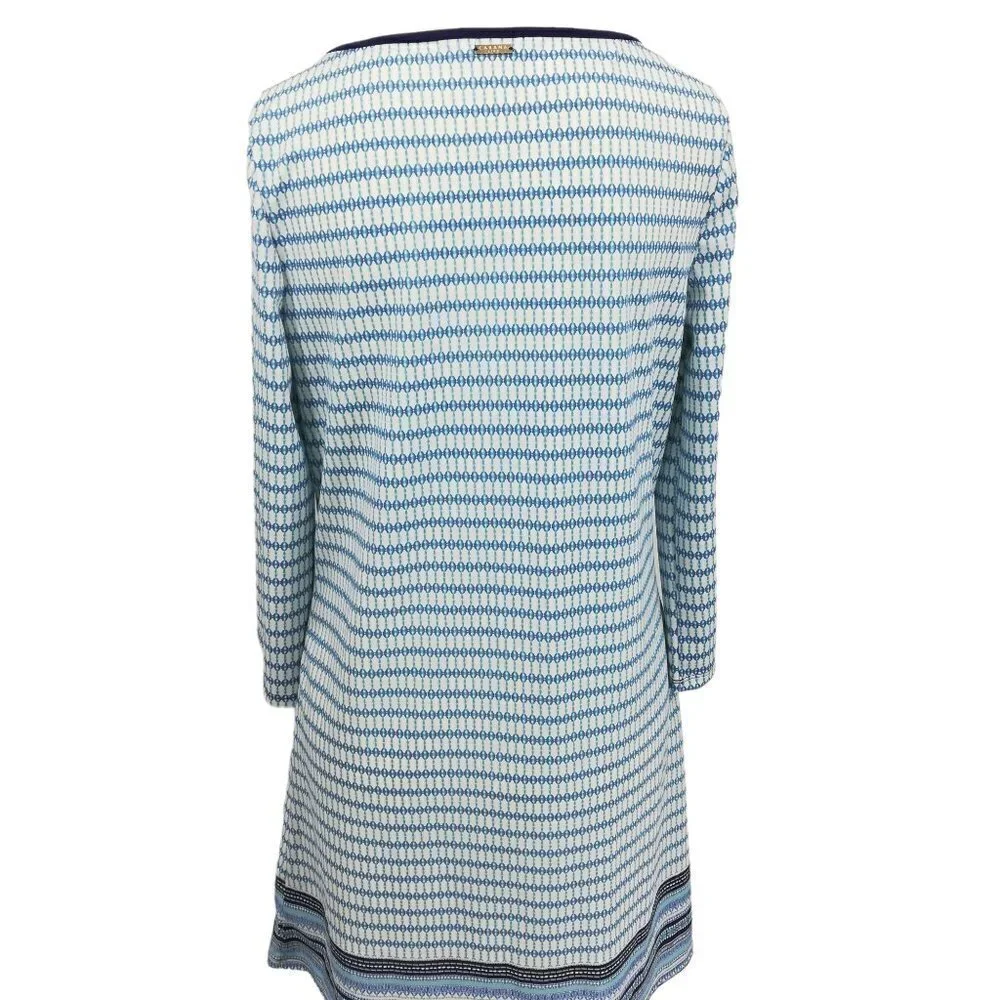 Cabana Life Stretch 3/4 Sleeve Geometric Dress Size M Blue UPF Shift Resort